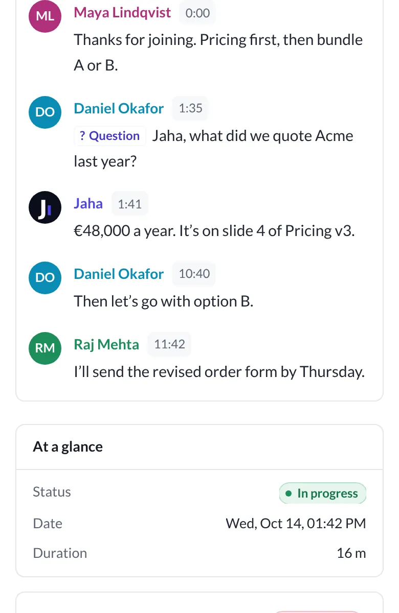 The Acme renewal transcript in Jaha: Daniel asks what Acme was quoted last year, and Jaha answers €48,000 a year, from slide 4 of Pricing v3.